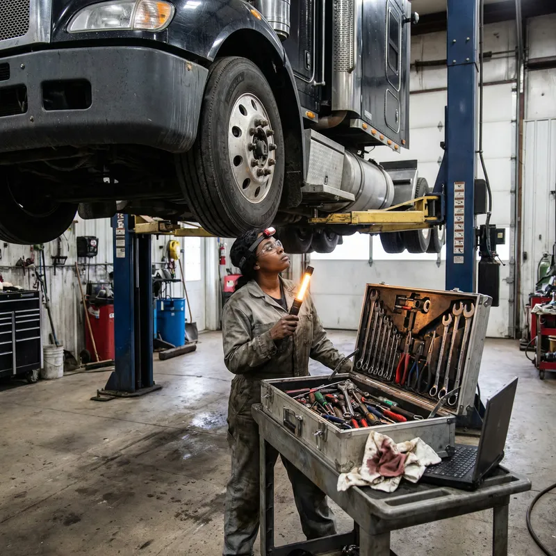 Semi-Truck Maintenance: Mechanic Working on Tractor Trailer