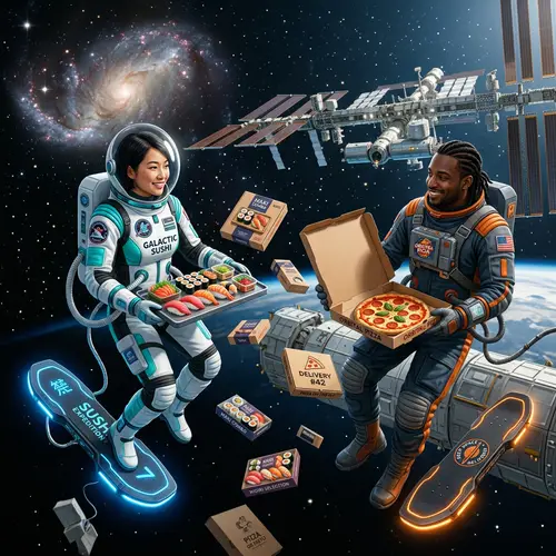 Futuristic Space Food Delivery: Sushi & Pizza in Zero Gravity