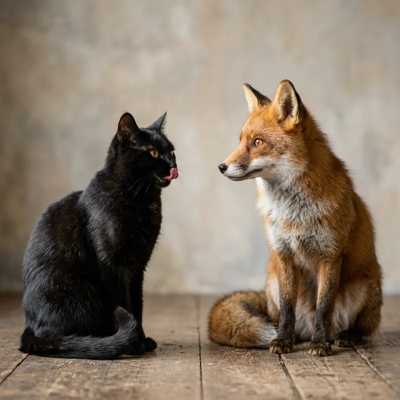 Playful Black Cat Sticks Tongue Out at Curious Red Fox