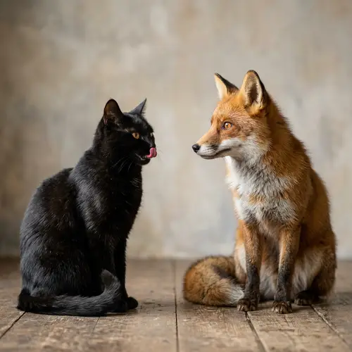 Mischievous Black Cat Sticking Out Tongue Next to Intrigued Red Fox