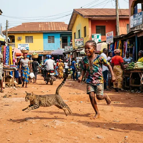 Joyful Kid Chasing Cat in Nigerian Streets