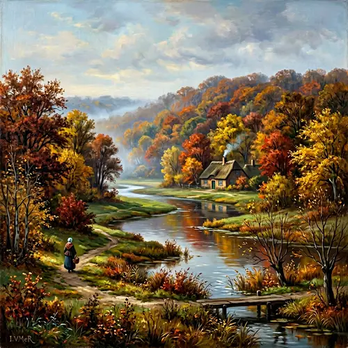 Tranquil Autumn Landscape: Nostalgic Magic in Vermeer Style
