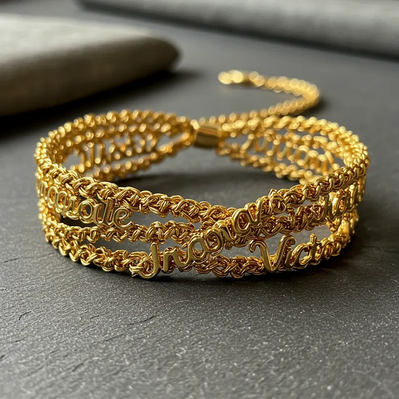 Unique Gold Wire Bracelet with Entangled Names Unique Gold Wire Bracelet with Entangled Names