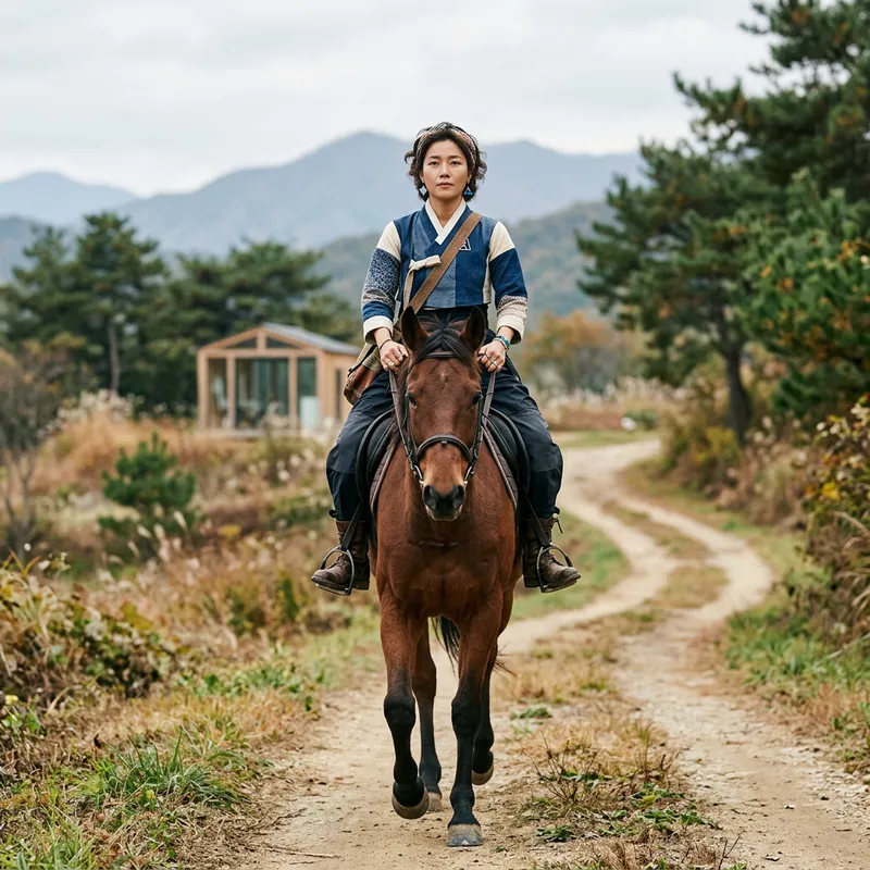 Modern Korean Artist Ban Chan on Brown Horse Front View Modern Korean Artist Ban Chan on Brown Horse Front View