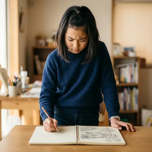 Young Japanese Girl Drawing | Artistic Concentration