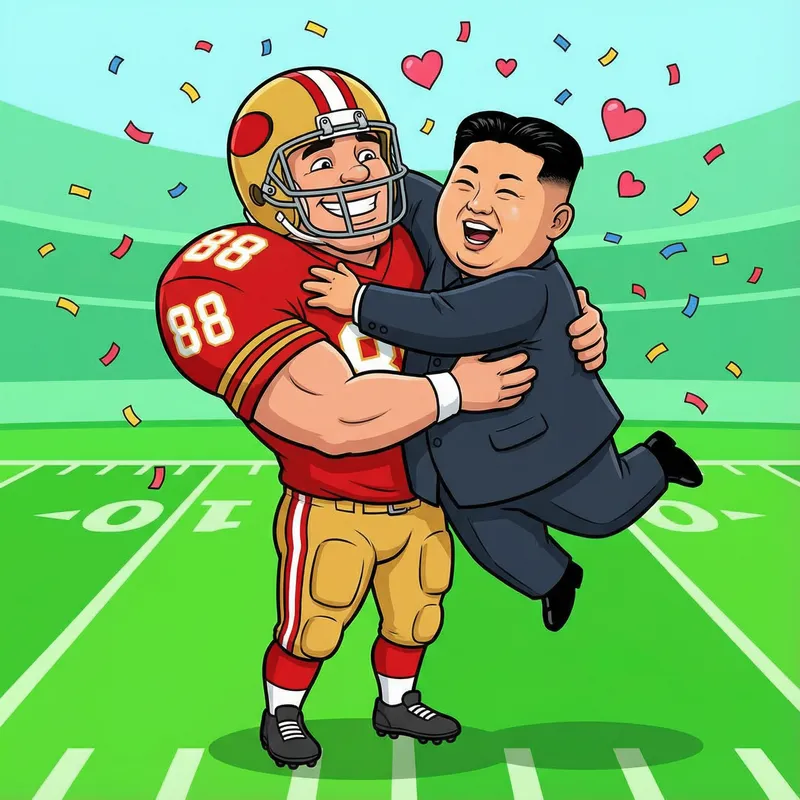 Football Player Hugs Kim Jong Un Cartoon