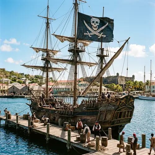 Pirate Ship at Sunny Dock with Skull Flag