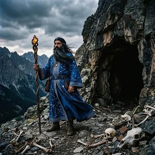 Mysterious Wizard Outside Cave with Scattered Bones