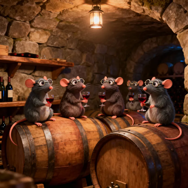 Cartoon Cellar Rats Enjoying Wine