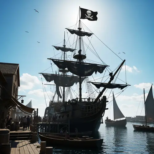 Pirate Ship at Sunny Dock with Skull Flag