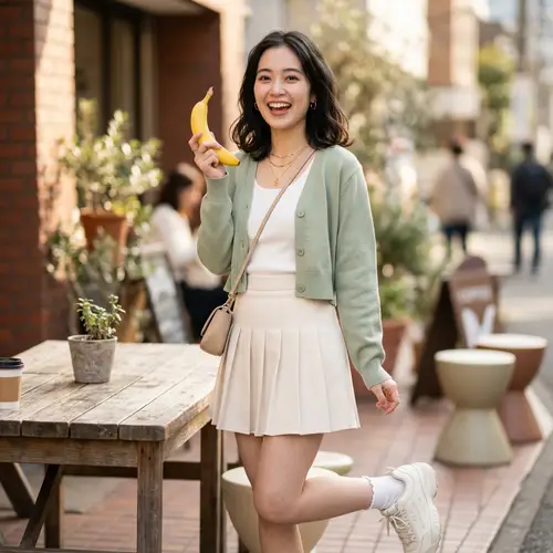 Trendy Japanese Woman with Banana in Glamorous Fashion Photoshoot