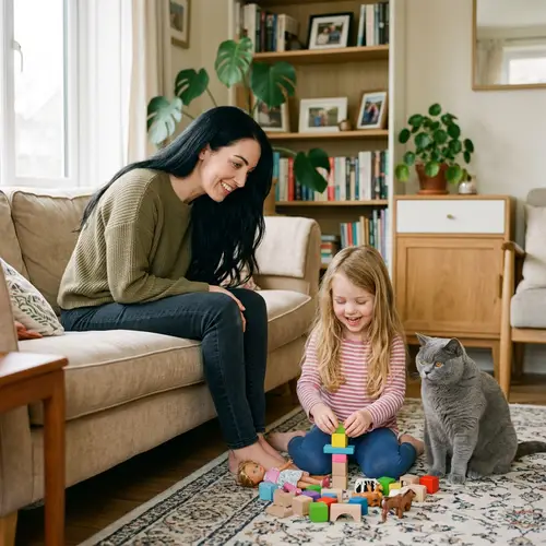 Family Portrait: Mother with Daughter and British Shorthair Cat