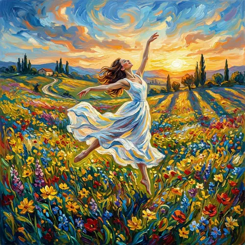 Graceful Dancer in Vibrant Wildflower Field - A Tribute to Van Gogh