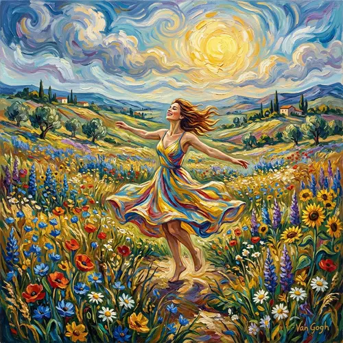 Solitary Figure in Blossoming Wildflowers | Joyful and Vibrant Art