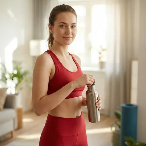 Stylish Young Woman in Red Athletic Outfit at Home