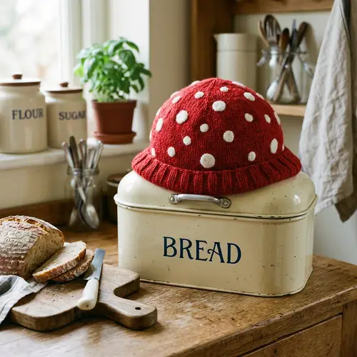 Bread Box with Mushroom Cap Hat - Kitchen Storage Solution