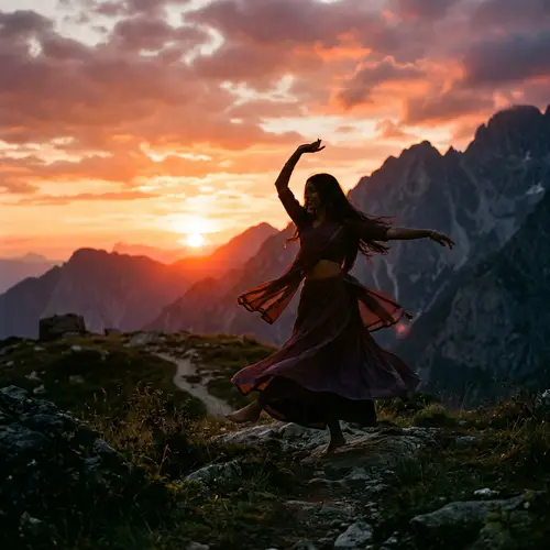 South Asian Girl Dancing at Sunset Amidst Mountains