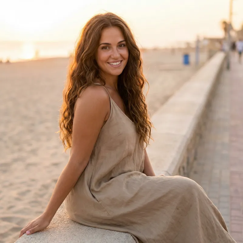 Curvy Young Woman with Wavy Hair & Tanned Skin