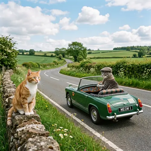 Surreal Scene: Cat Observing Another Feline Driving a Car