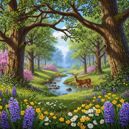 Enchanting Woodland Scene with Blooming Wildflowers