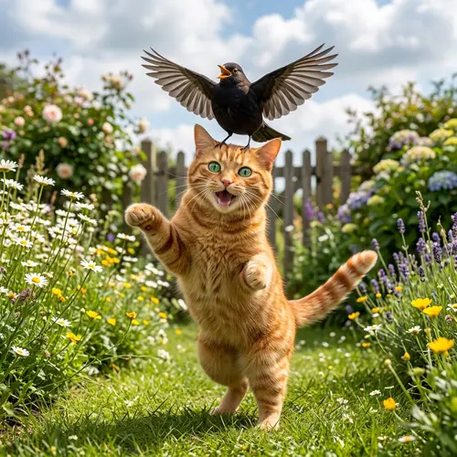 Joyful Orange Tabby Cat Dancing with a Bird in a Garden Scene