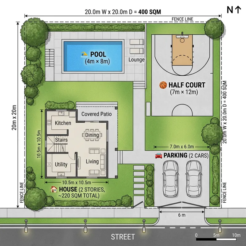 Stunning 400 sqm Lot Design with Pool and Court