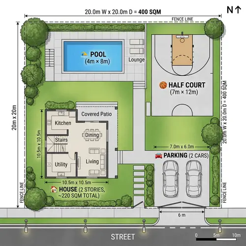 Stunning 400 sqm Lot Design with Pool and Court