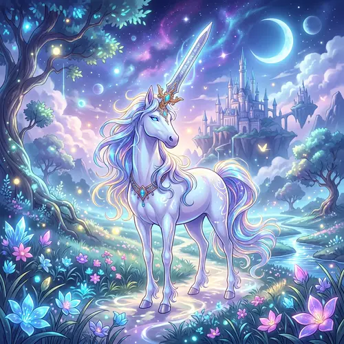 Mystical Unicorn in Dreamlike Meadow | Sword Horn Anime Art