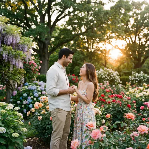 Romantic Scene of Couple in Enchanting Garden | Happiness & Affection