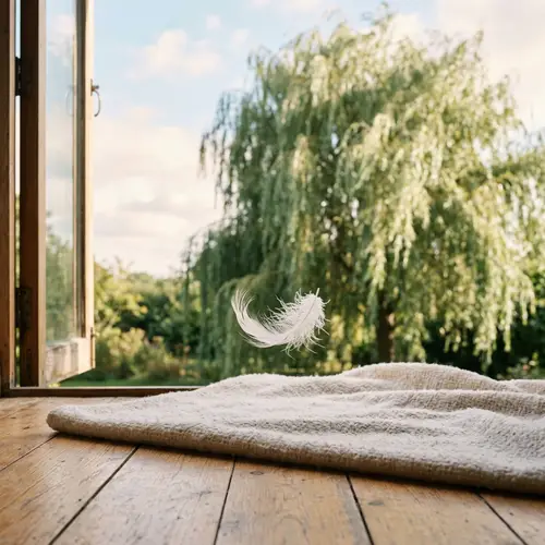 Soft Textures: Down Feather and Willow Tree Scene