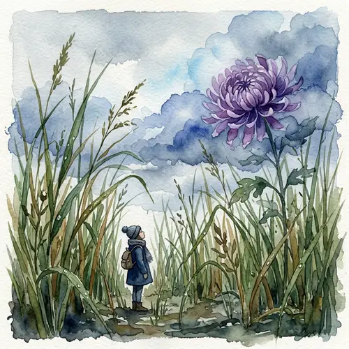 Watercolor Artwork: Cloudy Sky and Purple Chrysanthemum
