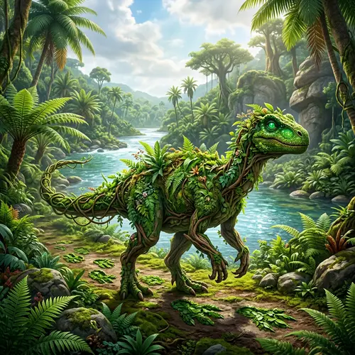 Eco-Friendly Dinosaur in Lush Jurassic Scene