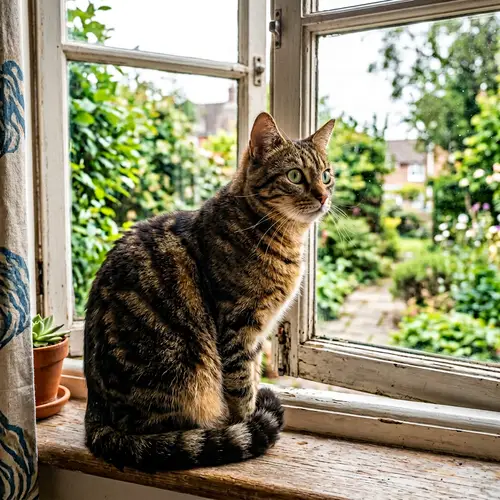 Tabby Cat Sitting on Windowsill | Green Eyes | Domestic Cat