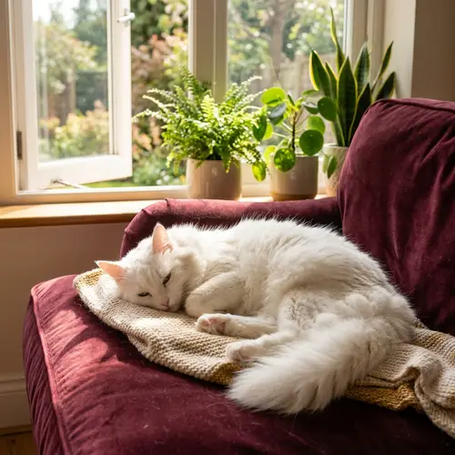 Fluffy White Cat Relaxing on Burgundy Sofa | Cozy Home Scene
