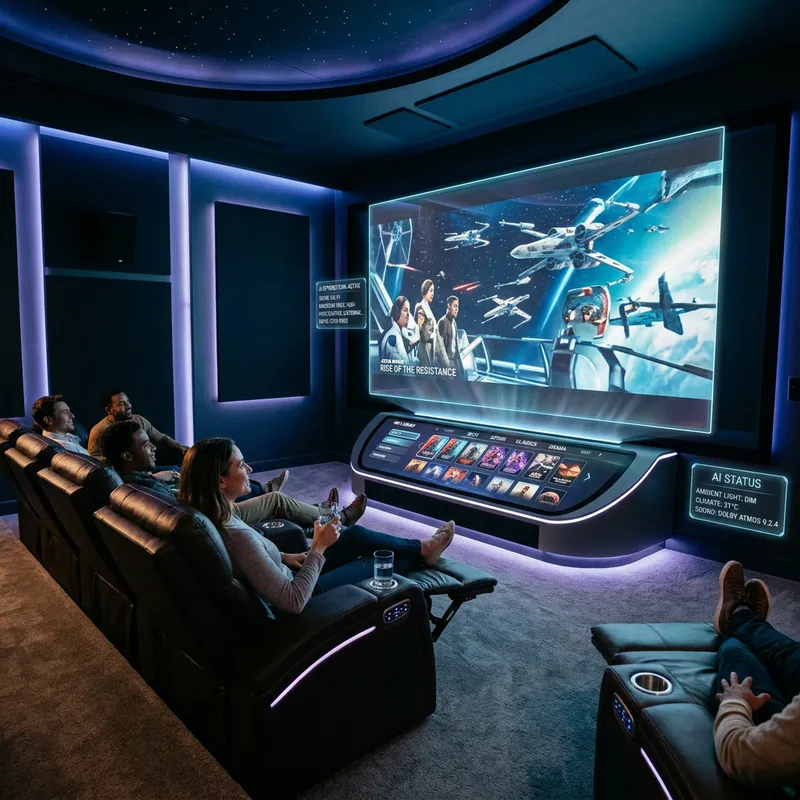 Futuristic AI Home Theater with Holographic Display Futuristic AI Home Theater with Holographic Display