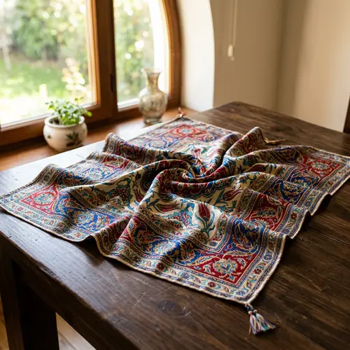 Ornate Silk Scarf with Vibrant Red, Blue, and Gold Patterns
