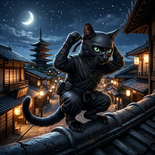Stealthy Ninja Cat: A Curious Green-Eyed Furry Fighter