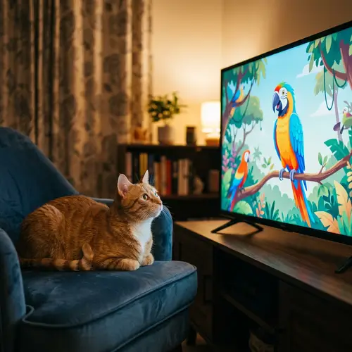 Cat Watching Animated Parrot on TV