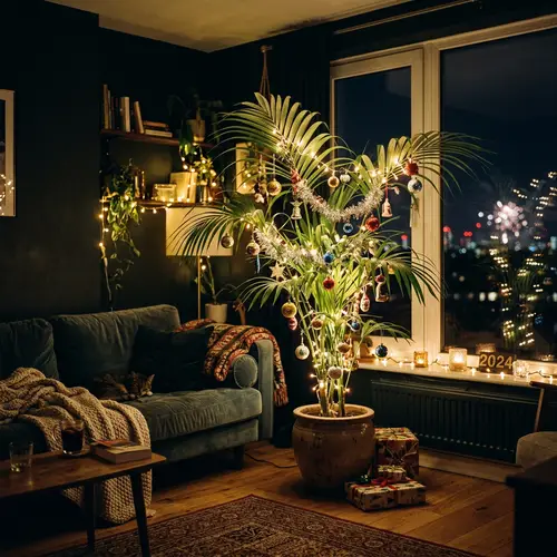 Dark Pre-New Year Apartment with Christmas Palm Tree