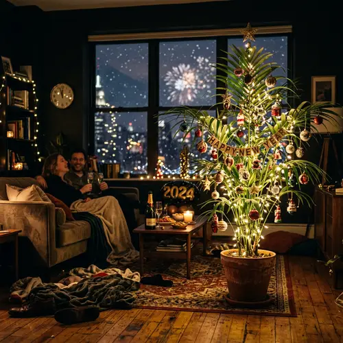 Dark Apartment Decorated with Palm Tree for New Year