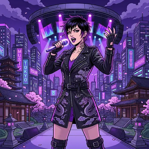 Vibrant Portrait Illustration of Influential Female Singer in Modern City