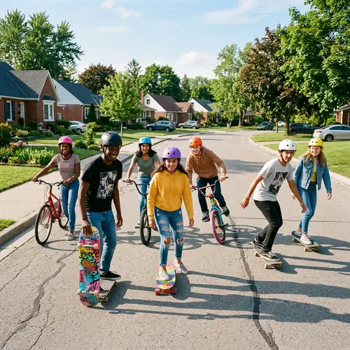 Diverse Teenagers Skateboarding and Biking in Suburban Setting