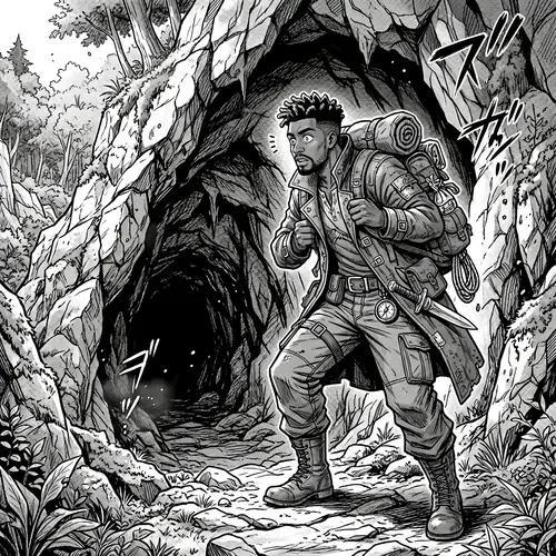Manga Style Adventure: Man Entering Mysterious Cave