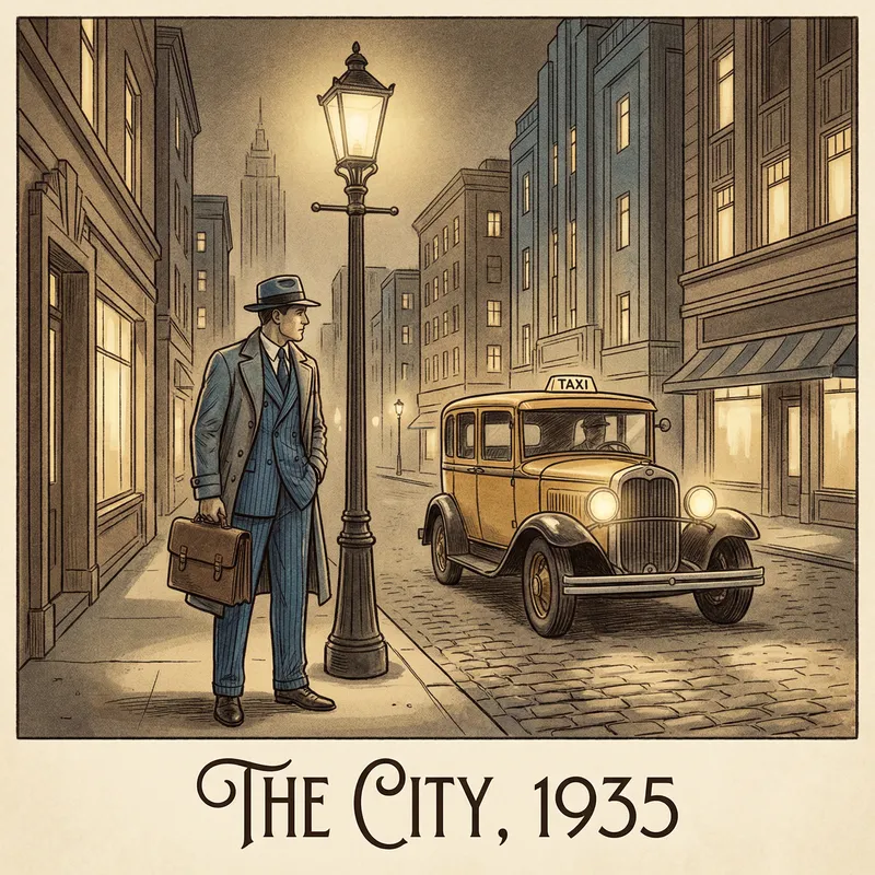 Laurence Fellows Style: 1930s Gentleman in Blue Suit City Illustration