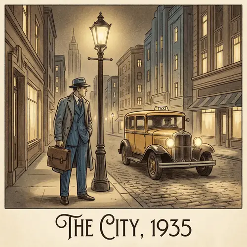 1930s Style Illustration: Gentleman in Blue Suit Waiting for Cab