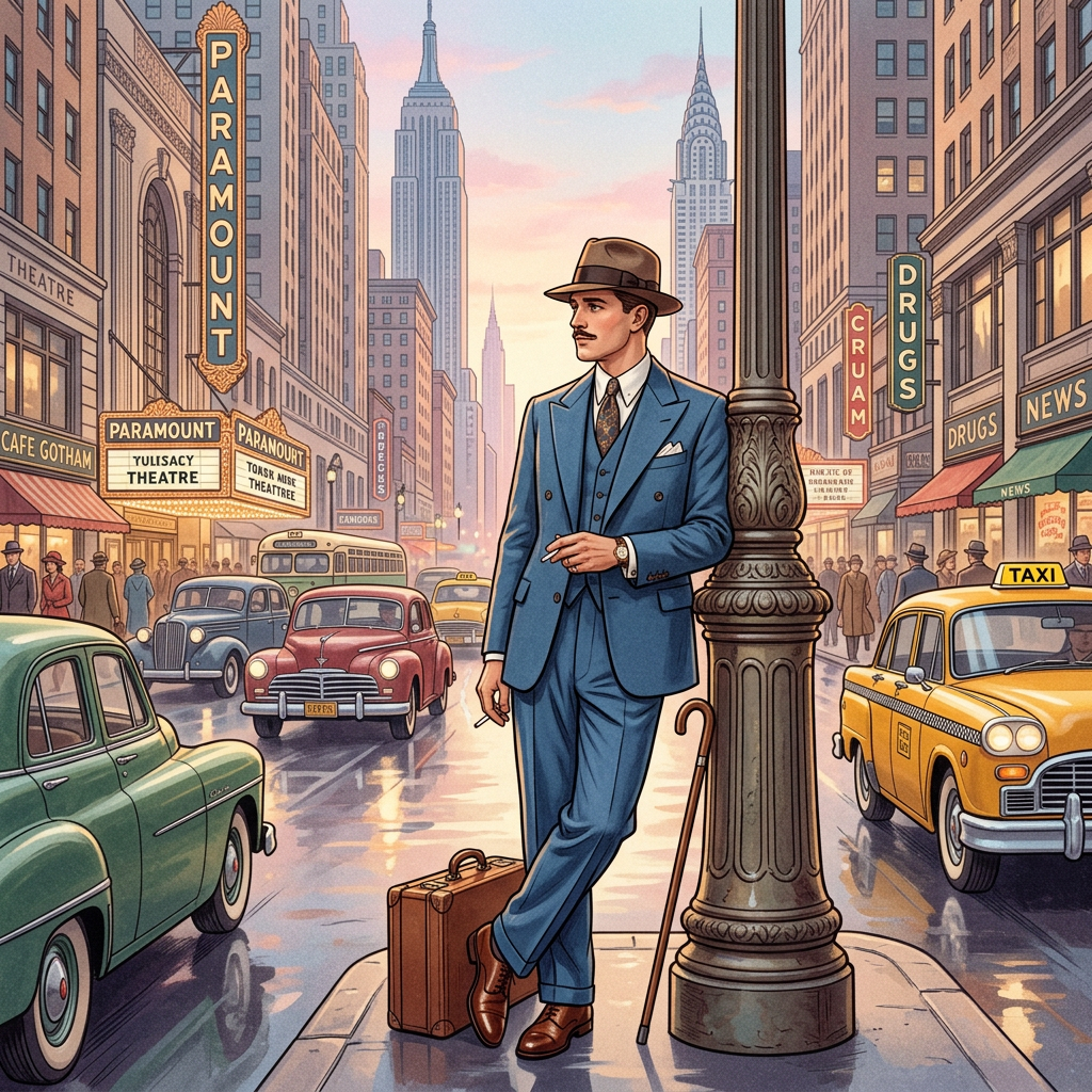 Distinguished 1930s Gentleman in Classic Suit & City Skyline | AI