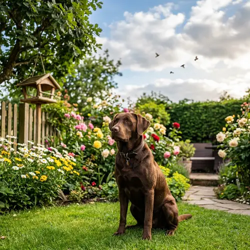 Calm Brown Dog in Lush Garden | Serene Landscape View