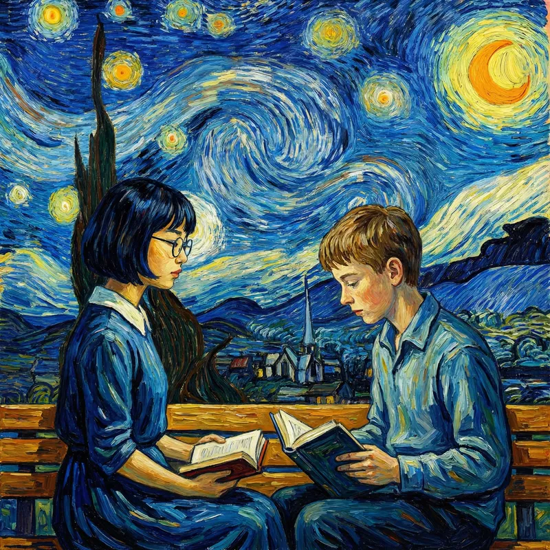 East Asian Girl and European Boy Reading Art Scene