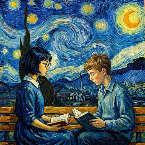 East Asian Girl and European Boy Reading Art Scene