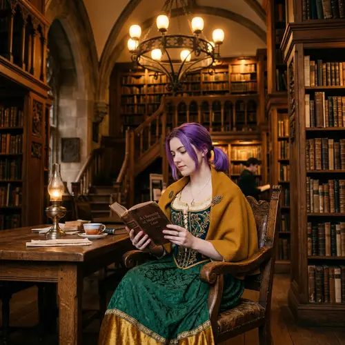 Lynette in Library: Medieval-Inspired Fashion Reading Scene